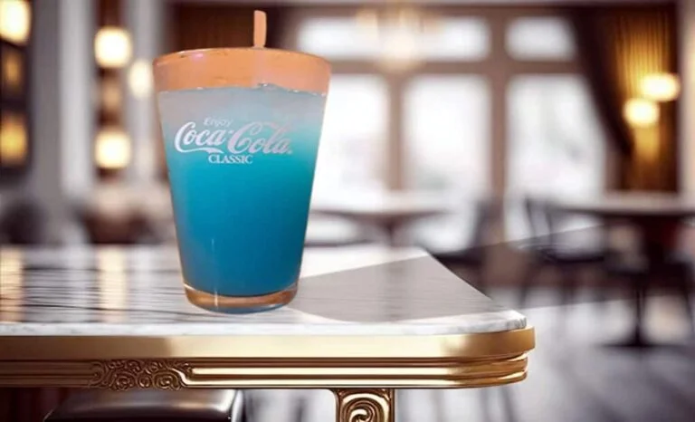 Glass of refreshing blue colored Blue Crush Lemonade drink from Texas Roadhouse filled with ice
