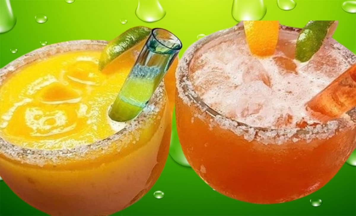 Overhead view of texas roadhouse cactus water ingredients including tequila, lime, agave nectar, sparkling mineral water on bamboo surface