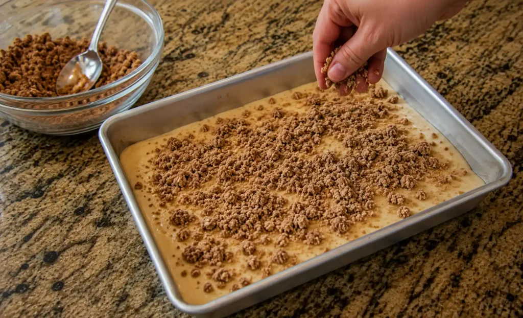 Pour the batter into a greased 9″ x 13″ cake pan, and then sprinkle the reserved cinnamon crumb topping evenly over the top.